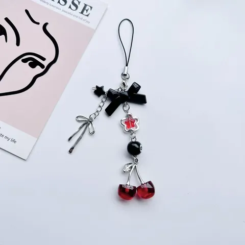 Y2K Cherry Bow Phone Strap Keychain Alloy Resin Sweet Cool Harajuku Style Bag Charm For Women Hanging Jewelry Accessories Red Black