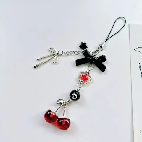 Y2K Cherry Bow Phone Strap Keychain Alloy Resin Sweet Cool Harajuku Style Bag Charm For Women Hanging Jewelry Accessories Red Black