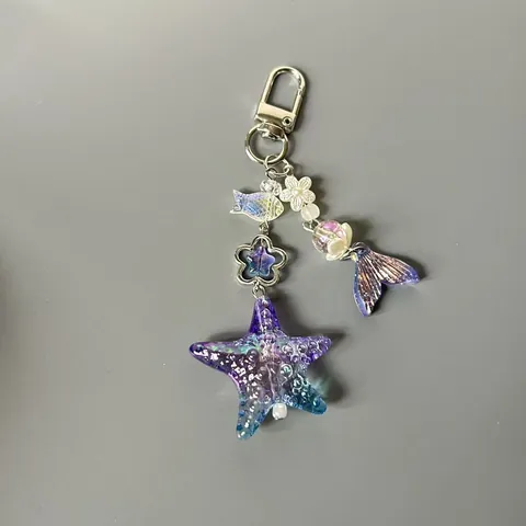Mermaid Tail Starfish Beaded Phone Chain Gradient Purple Blue Acrylic Resin Bag Charm Keychain For Women Girls Handmade Gift