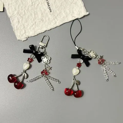 Ins Style Süße Rote Kirsche Schleife Handykette Tasche Anhänger Acryl Herz Stern Perle Schlüsselanhänger Zubehör Für Damen Mädchen