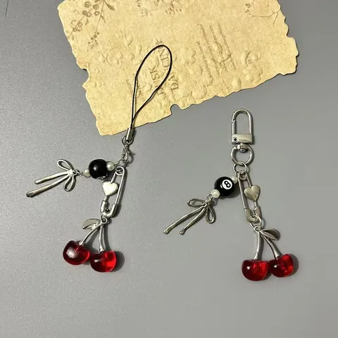 Sweet Ins Style Cherry Phone Chain Bag Pendant Y2K Alloy Resin Heart Butterfly Billiard Ball Charm For Women Fashion Accessories