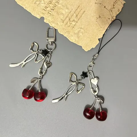 Sweet Cherry Bow Phone Chain Alloy Metal Resin Red Cherry Bag Pendant Charm Y2K Aesthetic Keychain For Women Girls Decoration