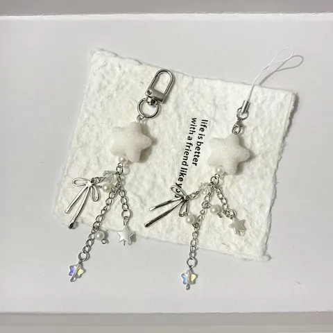 Y2K Star Bow Phone Charm Flocked Star Silver Alloy Keychain Lanyard With Faux Pearl Bowknot Pendant For Bag Phone Camera Women