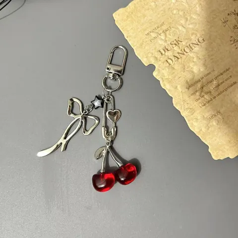 Sweet Cherry Bow Phone Chain Alloy Metal Resin Red Cherry Bag Pendant Charm Y2K Aesthetic Keychain For Women Girls Decoration