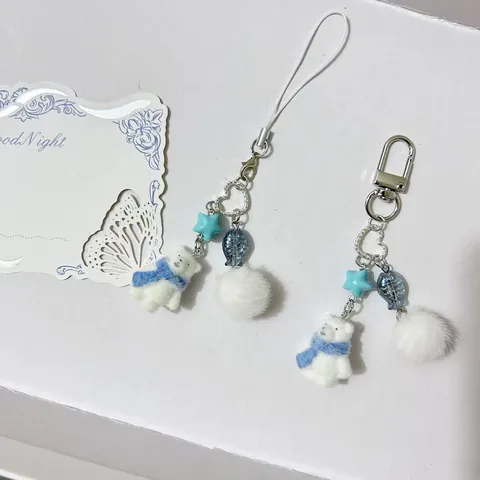 Cute Flocking Bear Rabbit Keychain 3D Cartoon Animal Plush Ball Keychain Phone Strap Bag Charm Handmade Accessories Gift