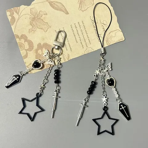 Gothic Y2K Handy Anhänger Schlüsselanhänger Mit Stern Herz Sarg Schmetterling Spritze Legierung Perlen Tasche Anhänger Schmuck