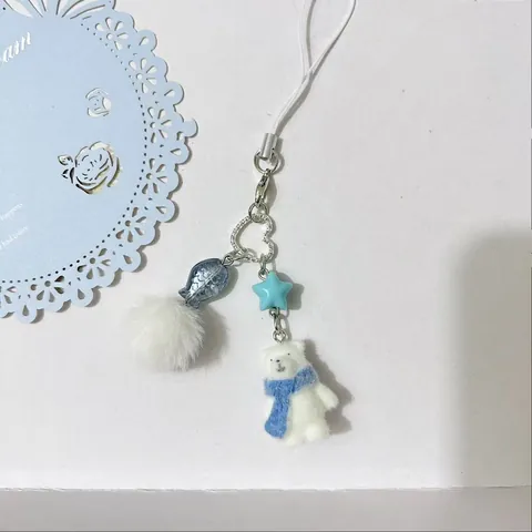 Cute Flocking Bear Rabbit Keychain 3D Cartoon Animal Plush Ball Keychain Phone Strap Bag Charm Handmade Accessories Gift