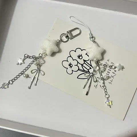 Y2K Star Bow Phone Charm Flocked Star Silver Alloy Keychain Lanyard With Faux Pearl Bowknot Pendant For Bag Phone Camera Women