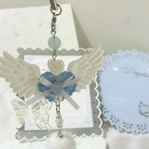 Y2K Engelenvleugels Hart Sleutelhanger Tas Hanger Met Kant Strik Imitatieparel Pluche Bal Kawaii Zoete Hanger Voor Vrouwen Meisjes Sieraden