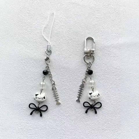 Cute Cat Head Beaded Keychain With Silver Fish Bone Black Ribbon Bow Phone Bag Camera Decor Accessories For Women Girls