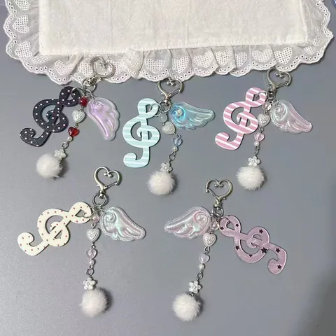 Musik G-Schlüssel Acryl Schlüsselanhänger Mit Herz Metallschnalle Flügel Bommel Blumen Perlenkette Taschenanhänger Für Damen Mädchen