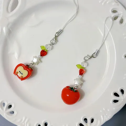 Cute Resin Fruit Tomato Apple Phone Charm Beaded Strap With Metal Clasp Creative Bag Pendant Keychain For Women Student Gift
