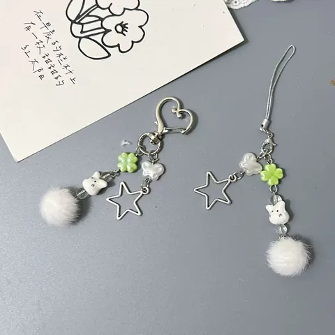Cute Plush Bunny Ball Keychain Sweet Green Clover Star Heart Clasp Phone Strap Bag Charm For Women Girls Gift