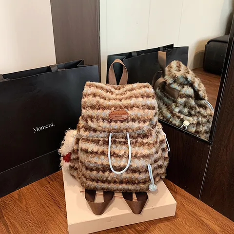 Winter Cute Striped Fleece Backpack For Women Plush Drawstring Flap School Bag With Bear Pendant Lazy Style Travel Commuting Daypack
