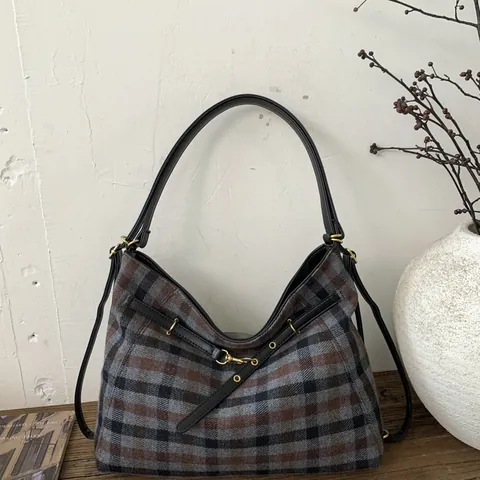Sac à Épaule Femme Rétro Carreaux Grande Capacité Minimaliste PU Laine Surpiqûres Sac Tote pour Collège Navettage Quotidien Hobo