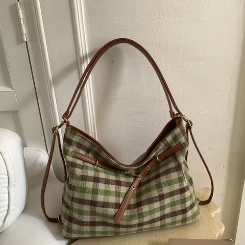 Sac à Épaule Femme Rétro Carreaux Grande Capacité Minimaliste PU Laine Surpiqûres Sac Tote pour Collège Navettage Quotidien Hobo