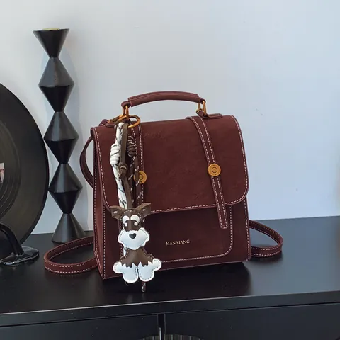 Vintage PU Leather Backpack For Women Fashion Contrast Stitching Small Square Bag Retro Handbag With Dog Charm Casual Daily Shoulder Bag