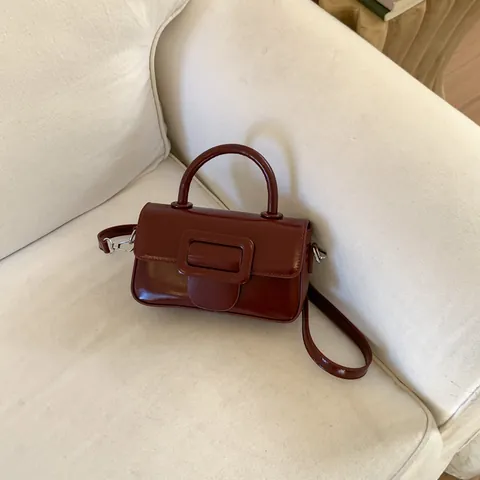 Niche Retro Glossy PU Leather Handbag For Women Minimalist Large Square Buckle Crossbody Bag Small Shoulder Bag Fashion Purse