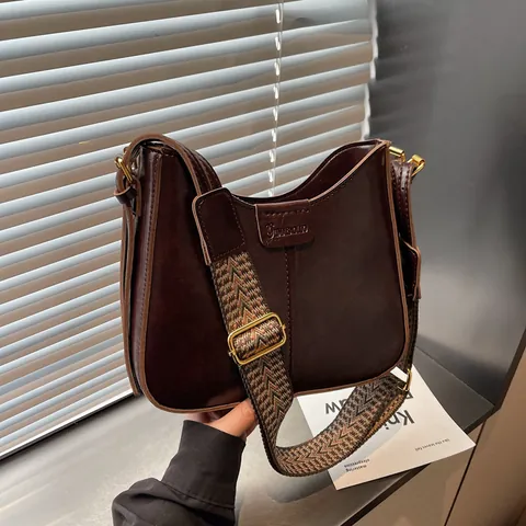 Bolso de Cubo de Cuero PU Vintage para Mujer Con Correa Ancha Tejida Geométrica Color Sólido Bolso de Hombro Cruzado Moda Diario