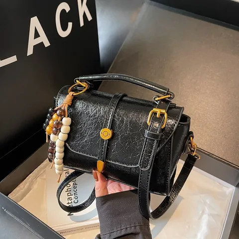 Vintage Women PU Leather Small Square Bag Crossbody Shoulder Handbag With Adjustable Strap Wood Beaded Pendant Daily Fashion Purse