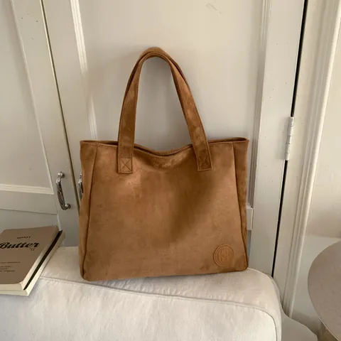 Bolso Tote de Gamuza Vintage para Mujer Gran Capacidad Bolso de Hombro Minimalista Bolso de Mano Retro Color Sólido Con Cremallera