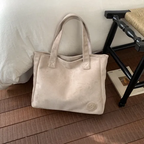 Bolso Tote de Gamuza Vintage para Mujer Gran Capacidad Bolso de Hombro Minimalista Bolso de Mano Retro Color Sólido Con Cremallera