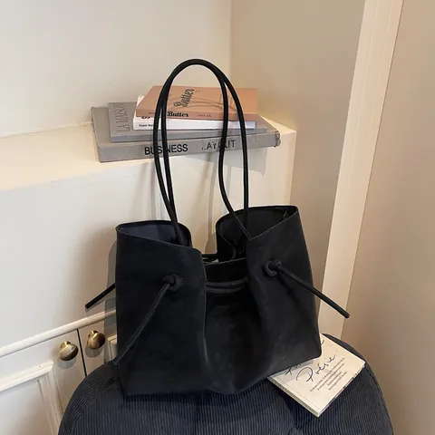 Borsa Tote in Pelle PU Vintage E Pochette da Donna Grande Capacità Coulisse Borsa a Spalla Retro Scamosciata Borsa a Mano Pendolare