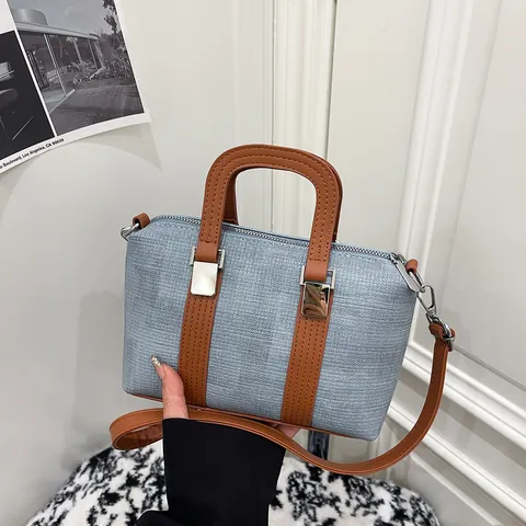 Retro Woven Texture PU Leather Boston Bag Women Color Block Handbag With Adjustable Single Shoulder Strap For Commuting