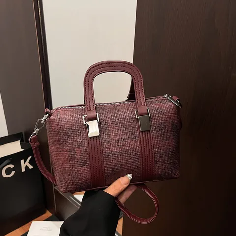 Retro Woven Texture PU Leather Boston Bag Women Color Block Handbag With Adjustable Single Shoulder Strap For Commuting