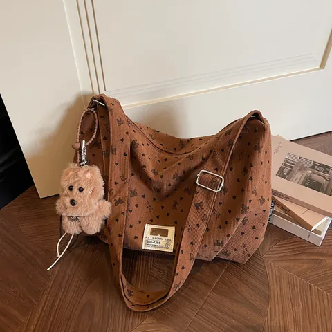 Women's Korean Style Corduroy Tote Bag Large Capacity Shoulder Bag Heart Bow Print Hobo Bag With Plush Pendant Casual Shopping Bag