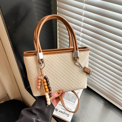 Women Checkerboard Bucket Bag Vintage PU Leather Tote Bag With Bead Charm Adjustable Shoulder Strap Casual Crossbody Bag