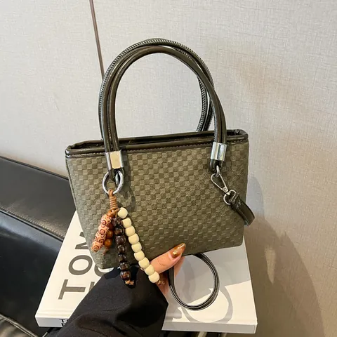 Women Checkerboard Bucket Bag Vintage PU Leather Tote Bag With Bead Charm Adjustable Shoulder Strap Casual Crossbody Bag