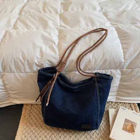 Bolso Tote de Mezclilla Casual para Mujer Gran Capacidad Bolso de Hombro Lavado Vintage Con Correa de Cuerda Trenzada Urbano Simple