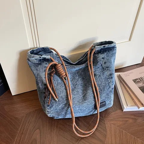Bolso Tote de Mezclilla Casual para Mujer Gran Capacidad Bolso de Hombro Lavado Vintage Con Correa de Cuerda Trenzada Urbano Simple