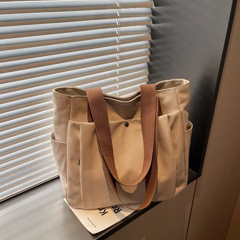Borsa Tote in Tela da Donna a Grande Capacità Borsa a Tracolla Casual Multitasche per Pendolare Viaggi Quotidiani Minimalista