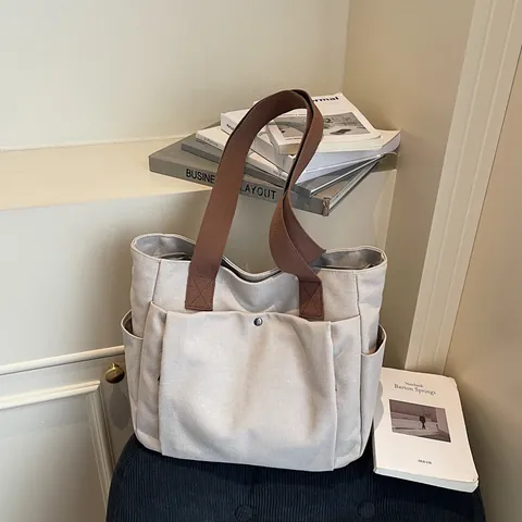 Borsa Tote in Tela da Donna a Grande Capacità Borsa a Tracolla Casual Multitasche per Pendolare Viaggi Quotidiani Minimalista