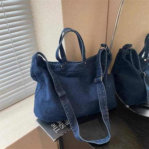 Large Capacity Denim Tote Bag For Women Vintage Washed Denim Canvas Shoulder Bag Versatile Crossbody Bag For Daily Commute