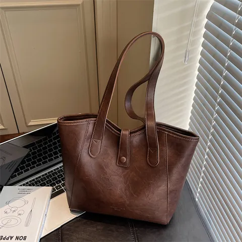 Bolso Tote de Cuero PU Retro para Mujer de Gran Capacidad Minimalista Color Sólido Bolso de Hombro para Oficina Trabajo
