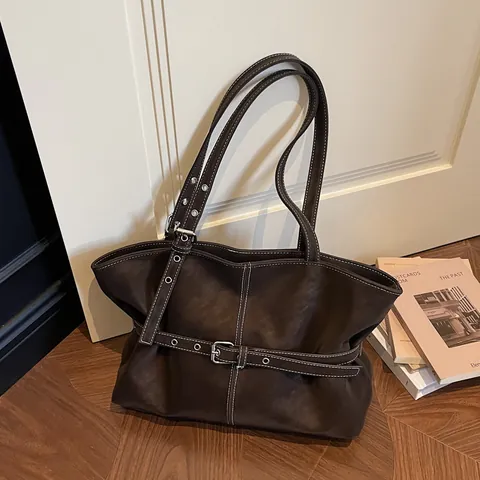 Sac Fourre-tout Vintage Grande Capacité pour Femmes Cuir PU Surpiqûres Contrastées Boucle de Ceinture Sac à Main Épaule Travail