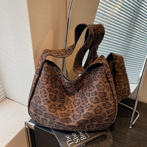 Damen Vintage Wildlederimitat Hobo Tasche Große Kapazität Minimalistisch Leopardenmuster Schultertasche Pendeln Tote Handtasche Retro Casual