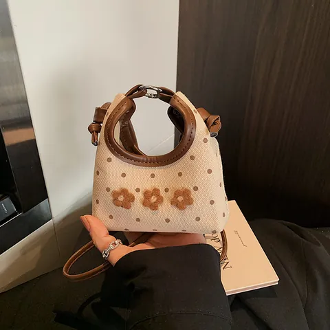 Dames Mini Canvas Crossbodytas Met Stippen En 3D Bloemen Retro Kleine Vierkante Handtas PU Leren Afwerking Zoete Schoudertas