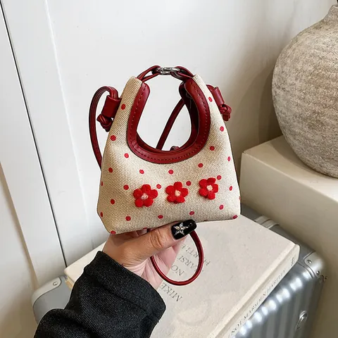 Dames Mini Canvas Crossbodytas Met Stippen En 3D Bloemen Retro Kleine Vierkante Handtas PU Leren Afwerking Zoete Schoudertas