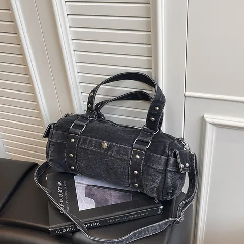 Borsa Boston in Denim Lavato Vintage per Donna Grande Capacità Borchiata Street Style Borsa a Tracolla a Spalla