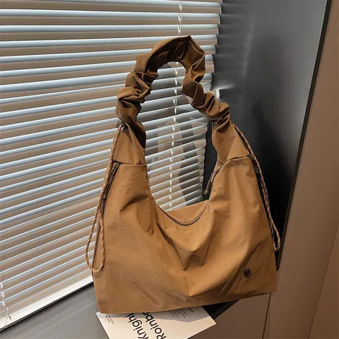 Borsa Tote da Donna in Nylon di Grande Capacità Tinta Unita Tracolla Arricciata Borsa a Mano per Pendolarismo Quotidiano Casual