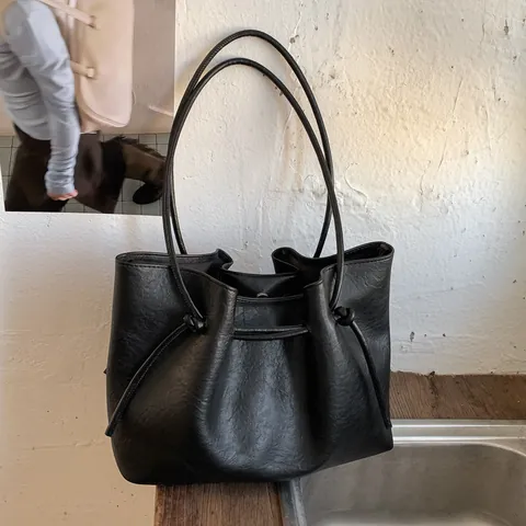 Borsa Tote da Donna in Pelle PU Grande Capacità Con Pochette Retrò Minimalista Borsa a Spalla Per Pendolarismo Con Nodo Coulisse