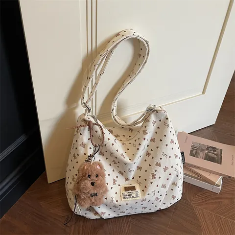 Korean Style Corduroy Tote Bag For Women Heart Butterfly Bow Print Large Capacity Shoulder Bag With Plush Pendant