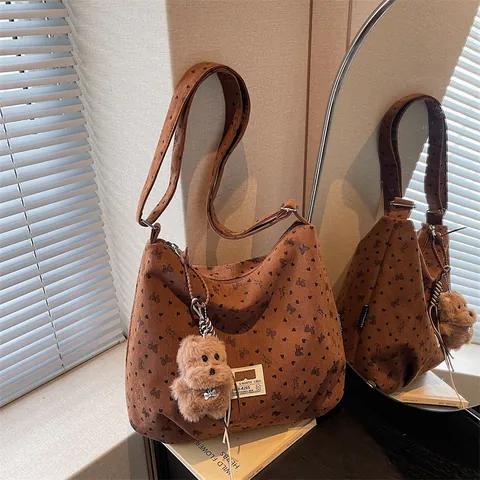 Korean Style Corduroy Tote Bag For Women Heart Butterfly Bow Print Large Capacity Shoulder Bag With Plush Pendant