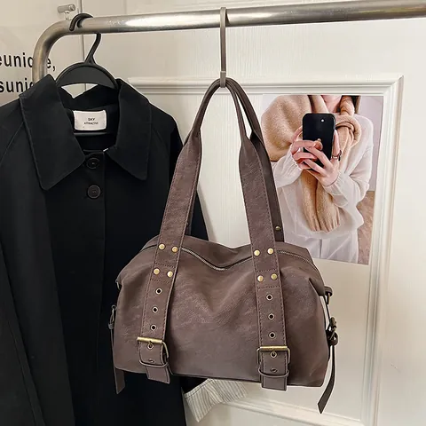 Vintage PU Leder Boston Tasche Damen Große Kapazität Handtasche Nieten Dekor Schultertasche Tote Tasche Lässige Pendler Handtasche
