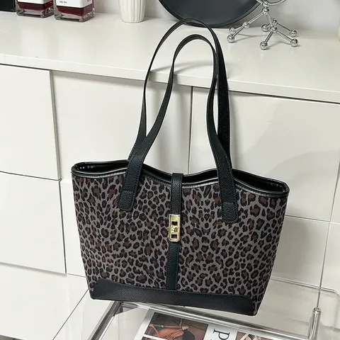 Women Fashion Leopard Print Large Capacity Tote Bag PU Leather Commuter Shoulder Bag With Metal Lock Vintage Handle Bag