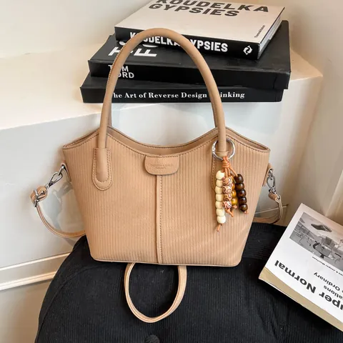 Sac Seau en Cuir PU à Rayures Verticales pour Femmes Avec Charme Perlé Sac à Main Élégant et Bandoulière pour Bureau